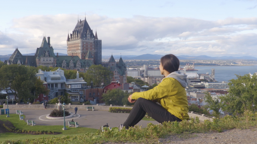Canada travel Quebec city tourist enjoying view of castle