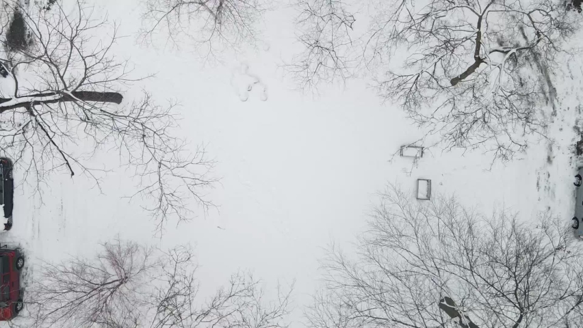 Drone shot of a snowy landscape in Cambridge, MA