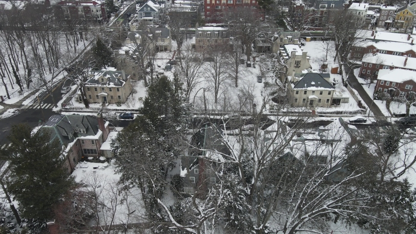 Drone shot of a snowy landscape in Cambridge, MA
