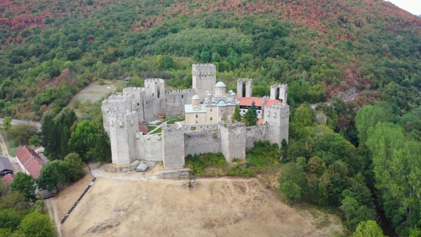 Manasija monastery, Serbia. Drone shot of Orthodox monastery (Manasija), isolated religious community in Serbia. Old medieval fortress in mountains. Royalty-Free Stock Footage #1070869444
