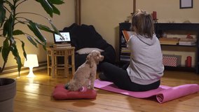 Adult woman exercising and watching online fitness live streaming class