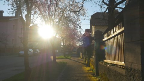 Walking along the pavement in suburbia at sunset in sunny spring