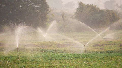 Close shot of irrigation system in India, fields irrigation system