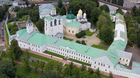 Yaroslavl, Yaroslavl Oblast, Russia - 16th August, 2020: Attractions of the town. Aerial footage of Spaso-Preobrazhensky Monastery (Yaroslavsky museum-reserve).
