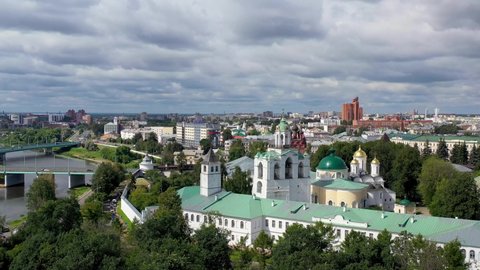 Aerial view of Spaso-Preobrazhensky Monastery and Yaroslavl town on sunny summer day. Yaroslavl Oblast, Russia.