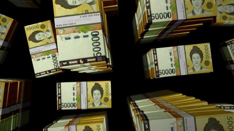South Korea Won banknotes 3d animation. Camera view from close to long distance. KRW money packs. Concept of inflation, economy, crisis, business, success, banking, debt and finance.