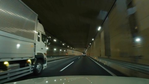 Video of In-vehicle camera. Dashboard camera. Driver point of view. Japanese translation: "Speed down"