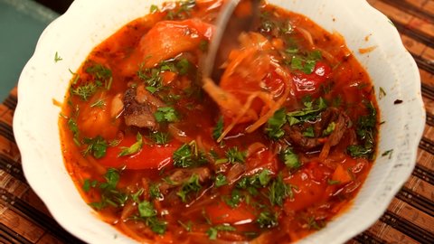 Russian Beetroot Soup With Vegetables.Food High Gourmet Haute Cuisine.Homemade Ukrainian Borscht Soup In Saucepan.Russian Cuisine.Traditional Ukrainian Red Soup Borscht Food High Gourmet Haute Cuisine