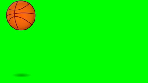 Basketball ball bounces jump, to the ground. Classic orange basket ball falling from left to right and rolls off. Ball moving away, looking small. Green screen transparent background. Animation video