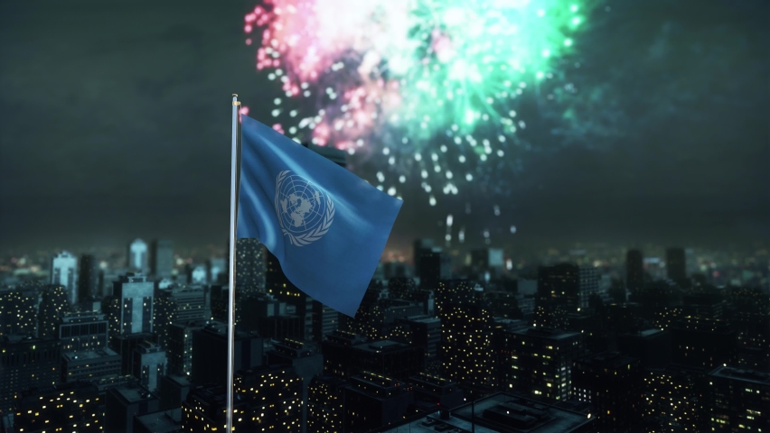 United Nations Flag With Fireworks And City 3D Rendering