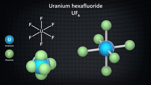 Uranium hexafluoride (UF6), known as "hex" in the nuclear industry. It is a compound used in the process of enriching uranium, which produces fuel for nuclear reactors and nuclear weapons. 3d render
