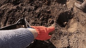 Womens Farmer hands plant potatoes in the spring.  Slow motion footage