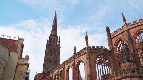 Coventry Cathedral Ruins in sunny day. Gothic church in Coventry UK.