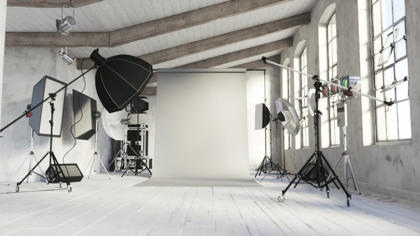 Photo studio interior with equipment. Interior of photo studio with professional equipment. Empty photo studio. 3d visualization | Shutterstock HD Video #1070908297