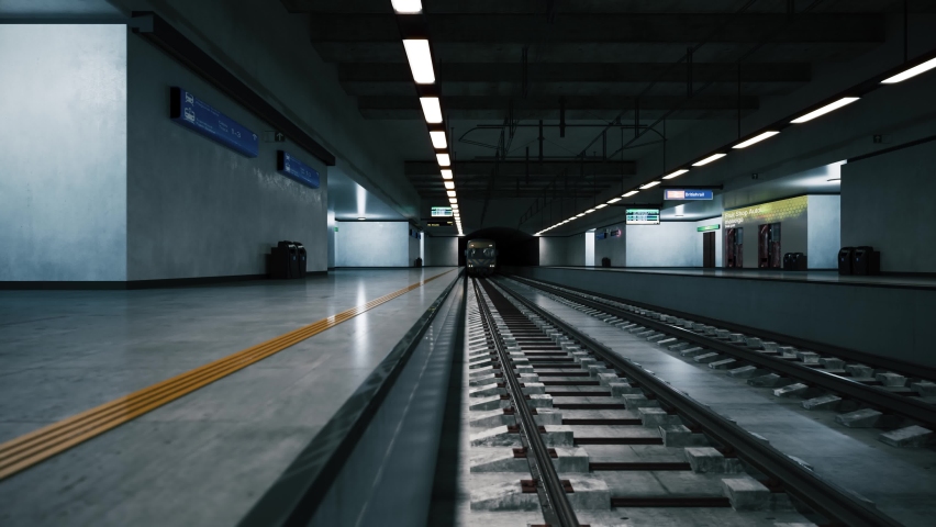 An empty subway train arrives at the station. Subway train arriving metro Station. Nobody gets out from subway train. No people from subway train. 3d visualization Royalty-Free Stock Footage #1070908306