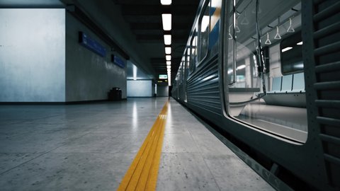 An empty subway train arrives at the station. Subway train arriving metro Station. Nobody gets out from subway train. No people from subway train. 3d visualization