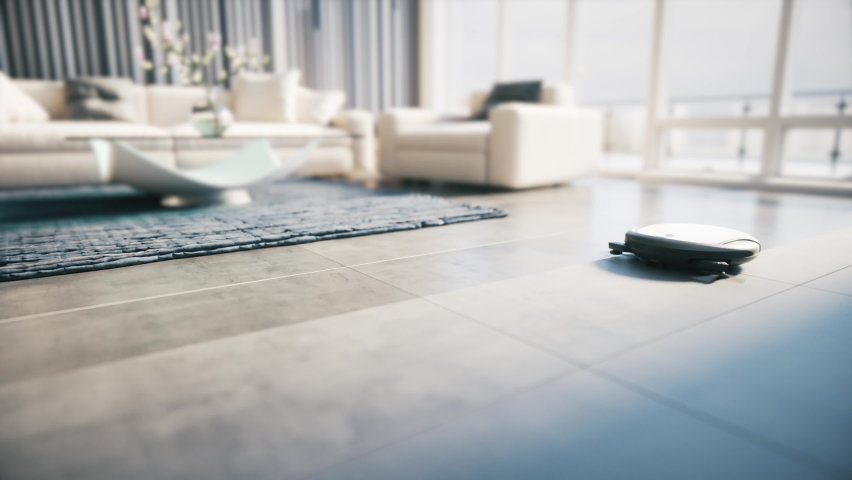 Vacuum Robot auto cleaning at home. Robot vacuum cleaner in the modern living room. Robot vacuum cleaner cleans the floor.  3d visualization | Shutterstock HD Video #1070908312