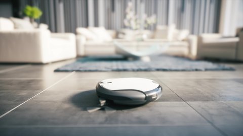 Vacuum Robot auto cleaning at home. Robot vacuum cleaner in the modern living room. Robot vacuum cleaner cleans the floor.  3d visualization