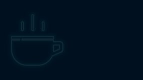 Glowing neon line Coffee cup icon isolated on black background. Tea cup. Hot drink coffee. 4K Video motion graphic animation .