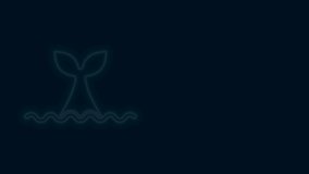 Glowing neon line Whale tail in ocean wave icon isolated on black background. 4K Video motion graphic animation .