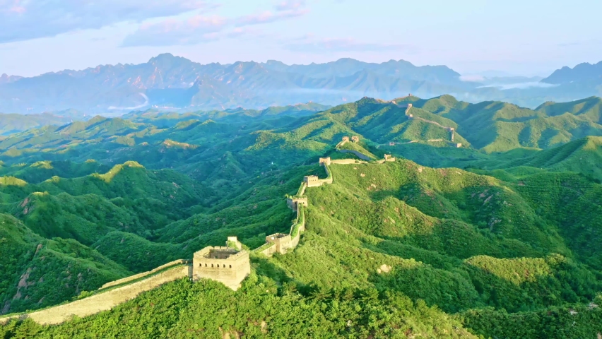 The green Great Wall of China under the sun, a famous landmark in China Royalty-Free Stock Footage #1070927062