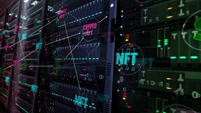 NFT Crypto Art. Datacenter with NFT Crypto Art technology, collectibles, blockchain transaction and non fungible token. Servers room digital seamless loopable 3d rendering concept animation.
 - Powered by Shutterstock - Get 15% off with code: PIKWIZARD15