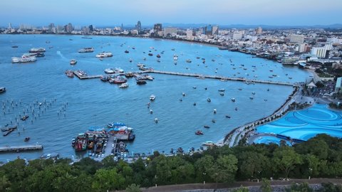 Aerial 4k drone footage of the bay of Pattaya. Pattaya is a city on Thailand’s eastern Gulf coast known for its beaches. 