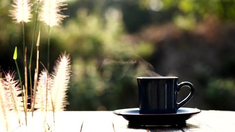 Close up hot coffee cup or tea with steaming smoke on beautiful morning nature view background, copy space. Coffee and Tea Drink Concept.