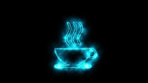 Linear neon animation of blue cup of tea, coffee with dynamic smoke on black background. Motion graphic, 4K video