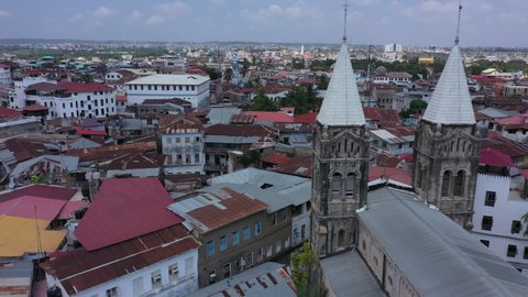 Aerial video: a bird flies over the rooftops of houses in Stone Town, a bird flies into the frame, a African city in the background, the capital from above