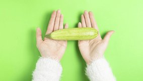 Video 4k ripe young zucchini lies on the palms of a girl in a white fluffy sweater moves on a green background