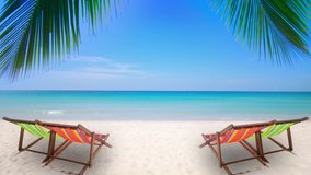 PHUKET, THAILAND. Chair on white beach sand and Coconut palm trees on white sandy beach on caribbean island. Vacation holidays summer. 4k UHD Video clip.