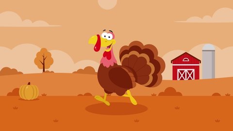 Cute Turkey Cartoon Character Running. 4K Animation Video Motion Graphics With Fall Landscape Background