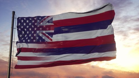 Hawaii and USA flag on flagpole. USA and Hawaii Mixed Flag waving in wind