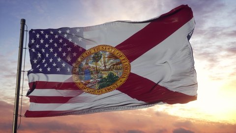 Florida and USA flag on flagpole. USA and Florida Mixed Flag waving in wind