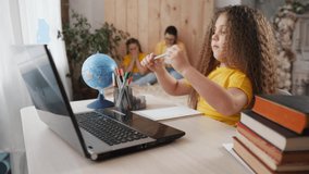 coronavirus school. child at home in a lesson. learning education coronavirus pandemic concept. kid learn online learning school. online learning at study virtual home. distance education