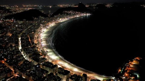 Night  landscape of landmark city, Rio de Janeiro, Brazil. Night life at Copacabana Beach downtown city Rio de Janeiro. Copacabana beach, Rio de Janeiro night. Night city, Copacabana, Rio de Janeiro. 
