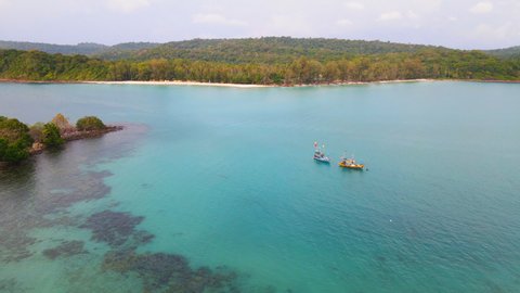 Aerial view of nature tropical paradise island beach enjoin a good summer beautiful time on the beach with clear water and blue sky in Koh kood or Ko Kut, Trat Thailand.