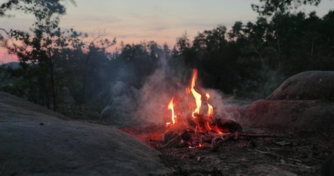 Camp fire burning in a mountain forest on midsummer night, twilight mood