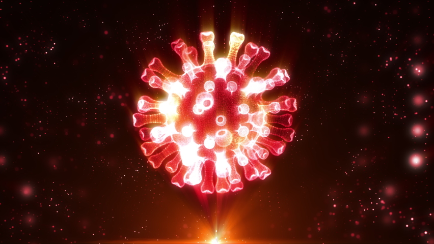 Holographic coronavirus rotating in virtual space. Virtual 3D model of the COVID-19 virus rotating in the futuristic space. Virology future technologies. Neon digital visualization of micro world. - Powered by Shutterstock - Get 15% off with code: PIKWIZARD15