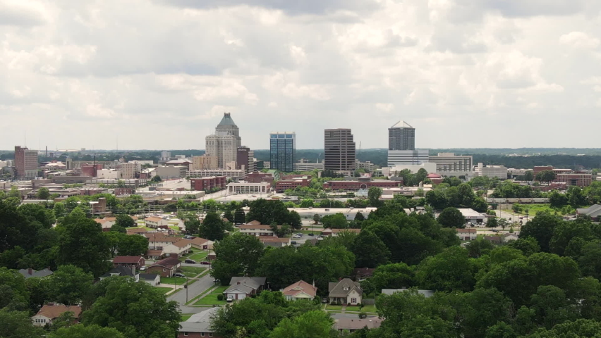 Greensboro, North Carolina USA. Aerial View of CIty Downtown District on Cloudy Summer Day, Drone Shot