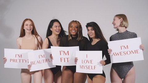 Models are confident in their beauty, enjoying their body size and type, women in bodysuits have no complexes about their appearance, do not find fault with himself.