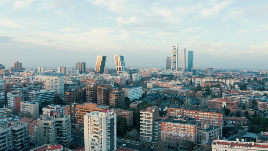Aerial Madrid city center. Breathtaking view. Puerta de Europa and Four Towers Business Area (Cuatro Torres), Spain | Shutterstock HD Video #1070991661