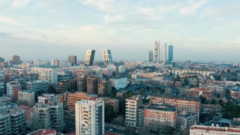 Aerial Madrid city center. Breathtaking view. Puerta de Europa and Four Towers Business Area (Cuatro Torres), Spain