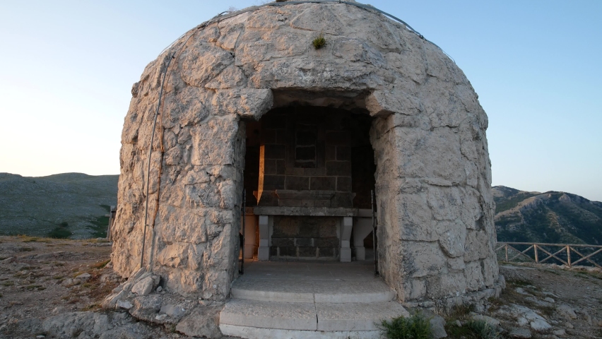 chapel of the Redeemer at sunset on Redentore mount over the gulf of Gaeta. Aurunci Mountains, Formia, Latina, Lazio, Ital