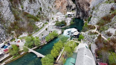 Aerial drone view of Blagaj and Tekija. Tekke si historical dervish house. Source of Buna river. Bosnia and Herzegovina