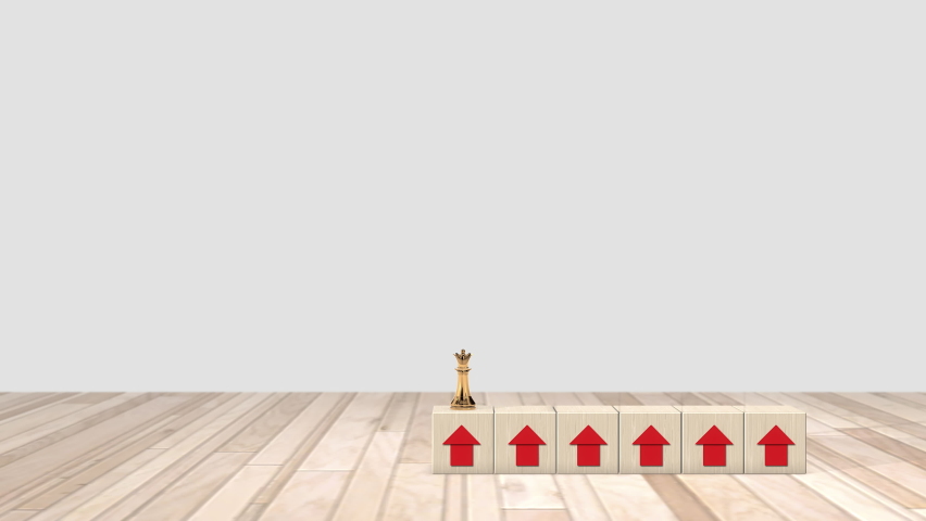 Successful business leader and business growth concept. Show growth with wood block stacking and King chess with arrow up. 3D rendering.