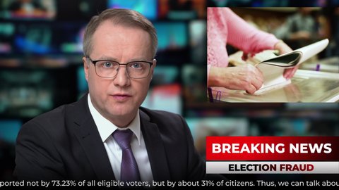 TV studio news male anchor presenter talking breaking news about elections