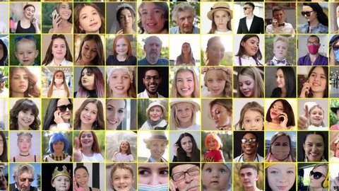 Hundreds of faces of multiracial people. Many multicultural different male and female smiling faces looking at the camera. The concept of diversity and people.
