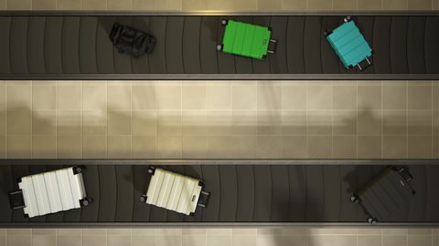 Luggage's Moving On Airport Conveyor Belt Overhead View Loop able. realistic 3d animation. Suitcases of different colors.